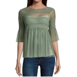Womens Lightweight Airy See Through Mesh Soft Girl Romantic Olive Green Blouse S